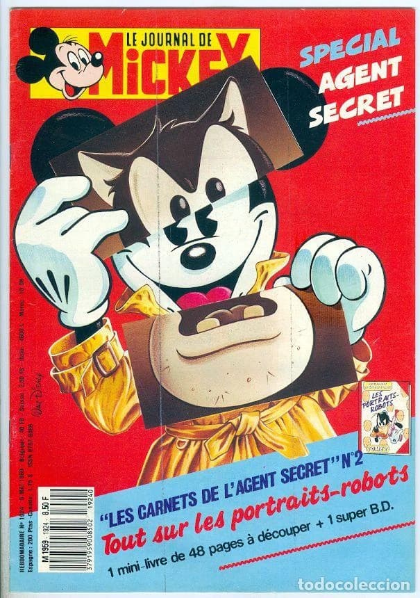 Journal de Mickey n° 1924, mai 1989 : couverture « Spécial agent secret » annonçant le carnet des portraits-robots. Image fournie pour ce récit, filigrane todocoleccion.