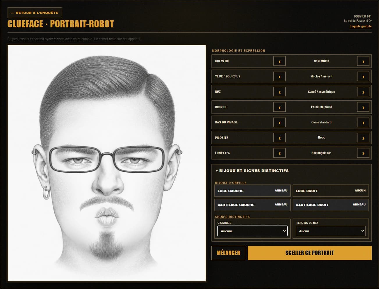 Clueface : l’interface de composition d’un portrait-robot et ses commandes. Portrait illustratif, pas la solution du dossier.