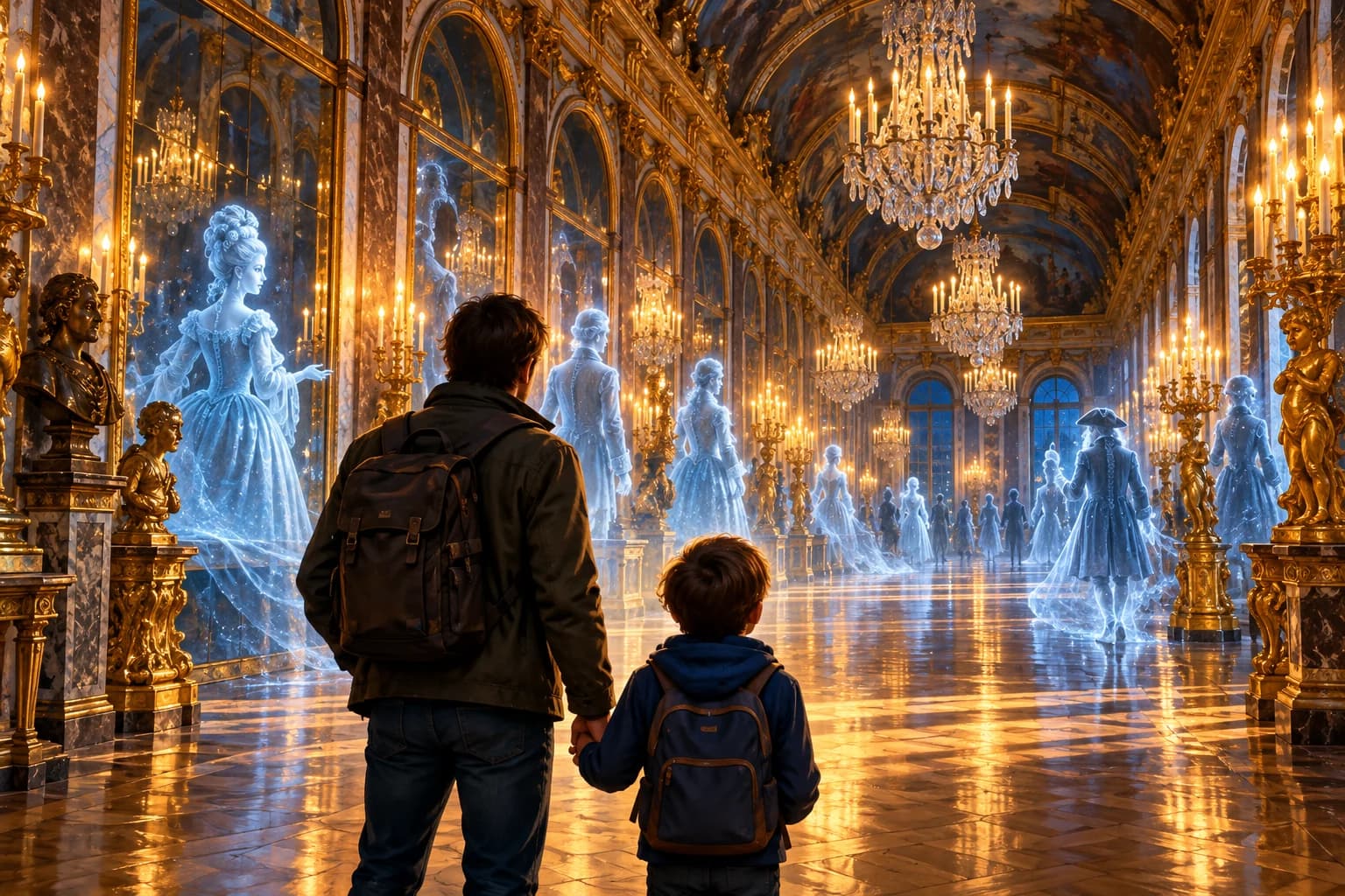 Illustration générée avec l’IA après la partie : un père et son fils, vus de dos, face aux fantômes d’un Versailles imaginaire.