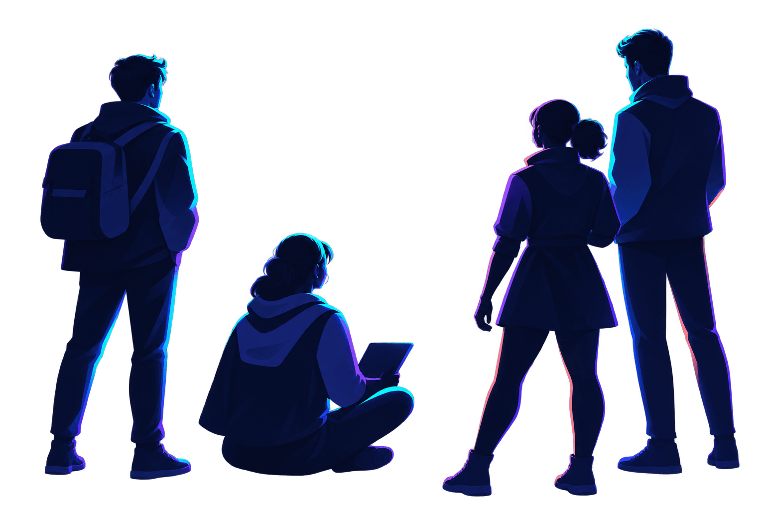 Un groupe de voyageurs tourné vers un portail lumineux